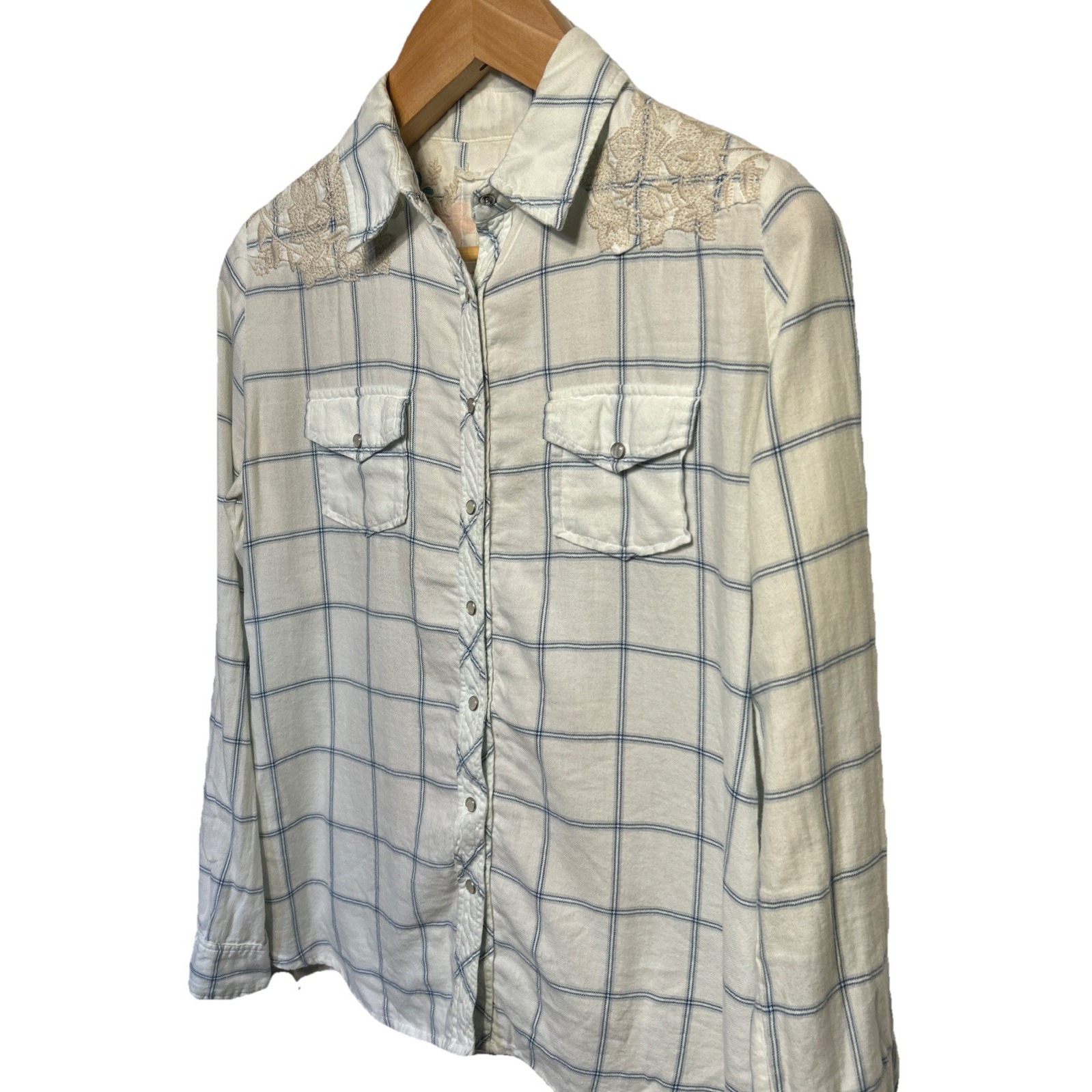 Johnny Was Workshop Plaid Pearl Snapup Floral Embroidered Top Women's Size Small